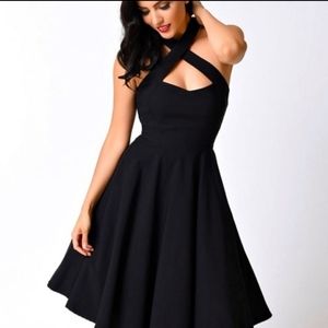 Unique Vintage 1950’s Rita Flare Halter Dress, Black, Size M